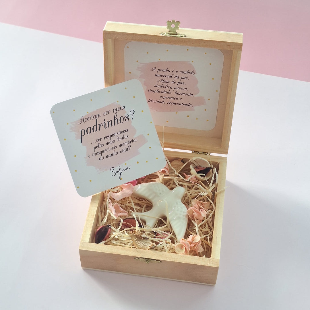 Convite Pomba em Cerâmica e caixa de madeira - Cutxi Cutxi - Presentes Personalizados