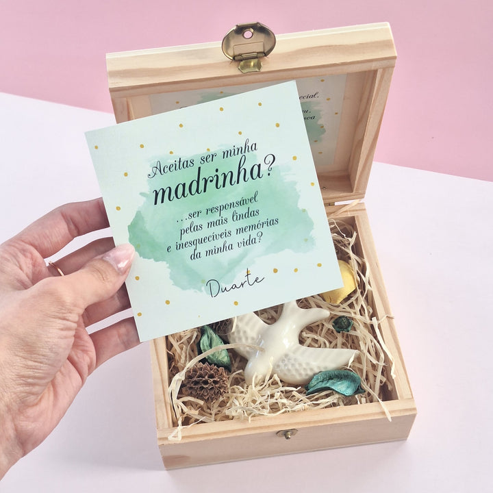 Convite Pomba em Cerâmica e caixa de madeira - Cutxi Cutxi - Presentes Personalizados