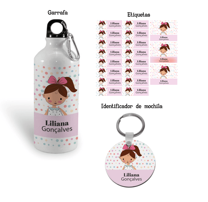 Conjunto Regresso às aulas com Etiquetas, garrafa e identificador com ilustração Criança (Regresso às aulas)