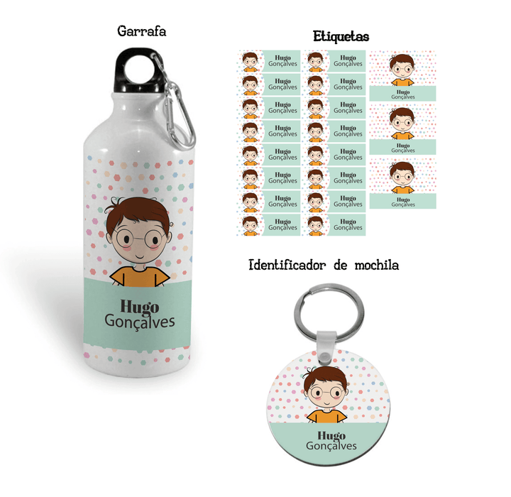 Conjunto Regresso às aulas com Etiquetas, garrafa e identificador com ilustração Criança (Regresso às aulas)