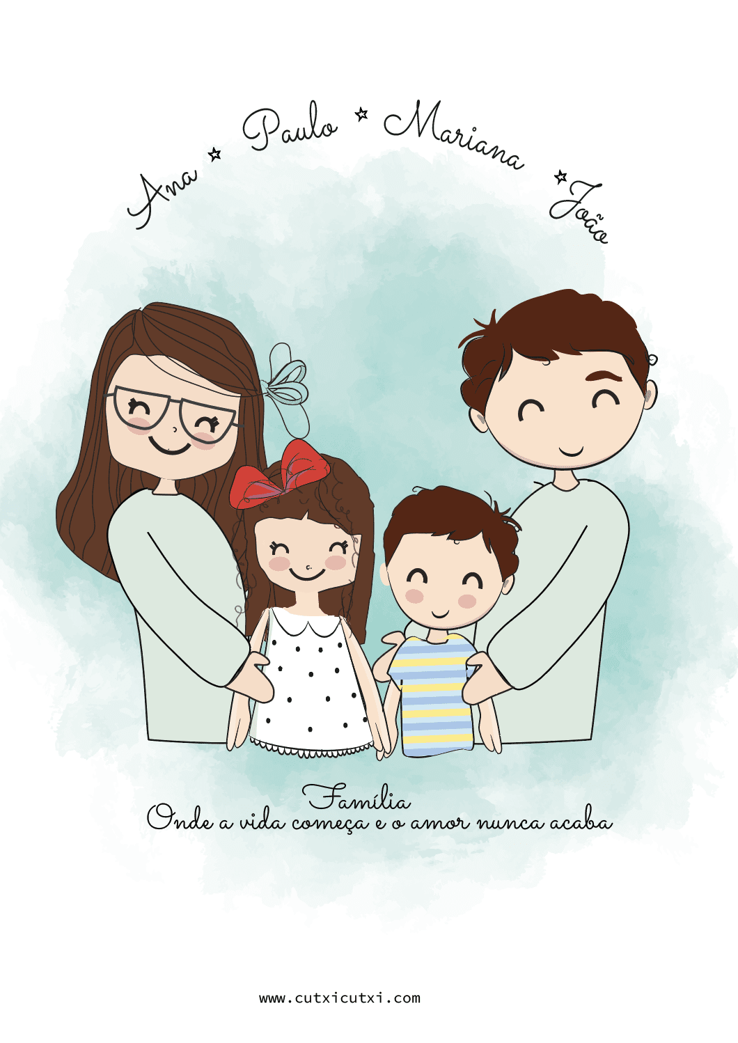 Ilustração personalizada Família ABRAÇO - Cutxi Cutxi - Presentes Personalizados