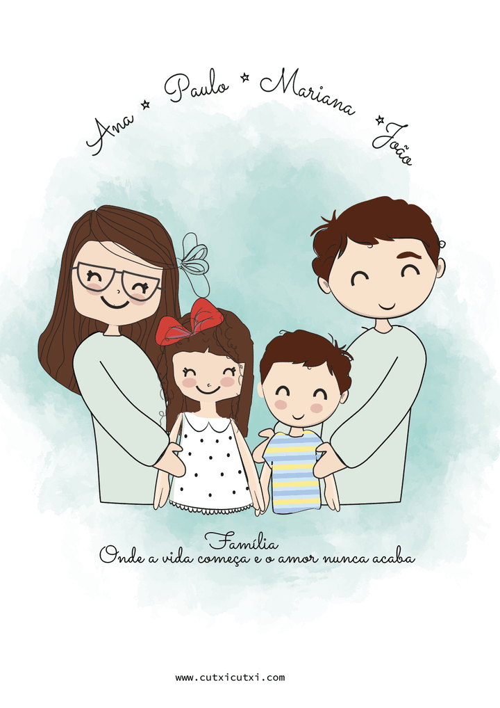 Ilustração personalizada Família ABRAÇO - Cutxi Cutxi - Presentes Personalizados