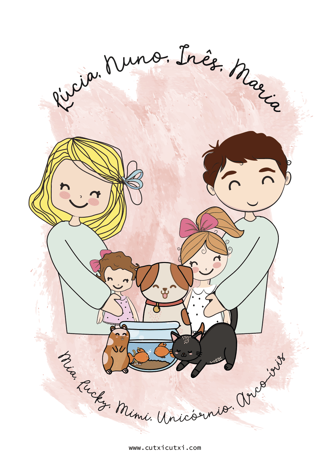 Ilustração personalizada Família ABRAÇO - Cutxi Cutxi - Presentes Personalizados