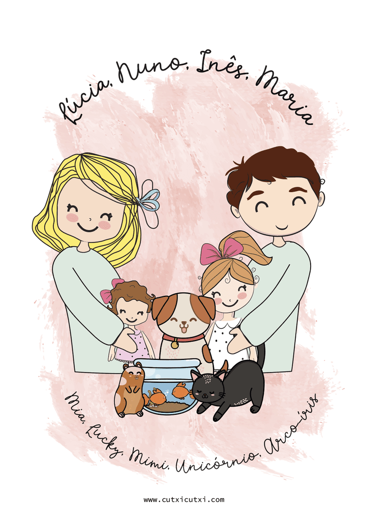 Ilustração personalizada Família ABRAÇO - Cutxi Cutxi - Presentes Personalizados