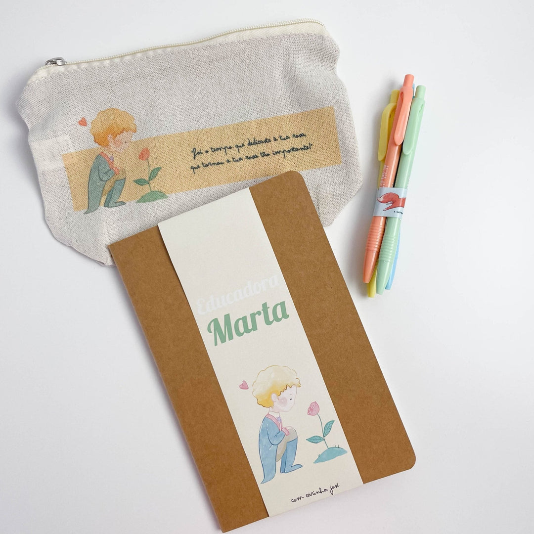 Kit Principezinho Bolsa Caderno e Canetas coloridas | Presente Educadora/Professora - Cutxi Cutxi - Presentes Personalizados