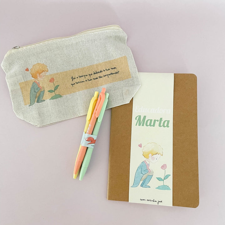 Kit Principezinho Bolsa Caderno e Canetas coloridas | Presente Educadora/Professora - Cutxi Cutxi - Presentes Personalizados