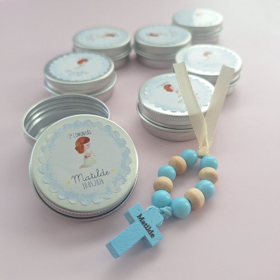 Mini Terço Dezena em Latinha com Nome - Lembrança Primeira Comunhão - Cutxi Cutxi - Presentes Personalizados