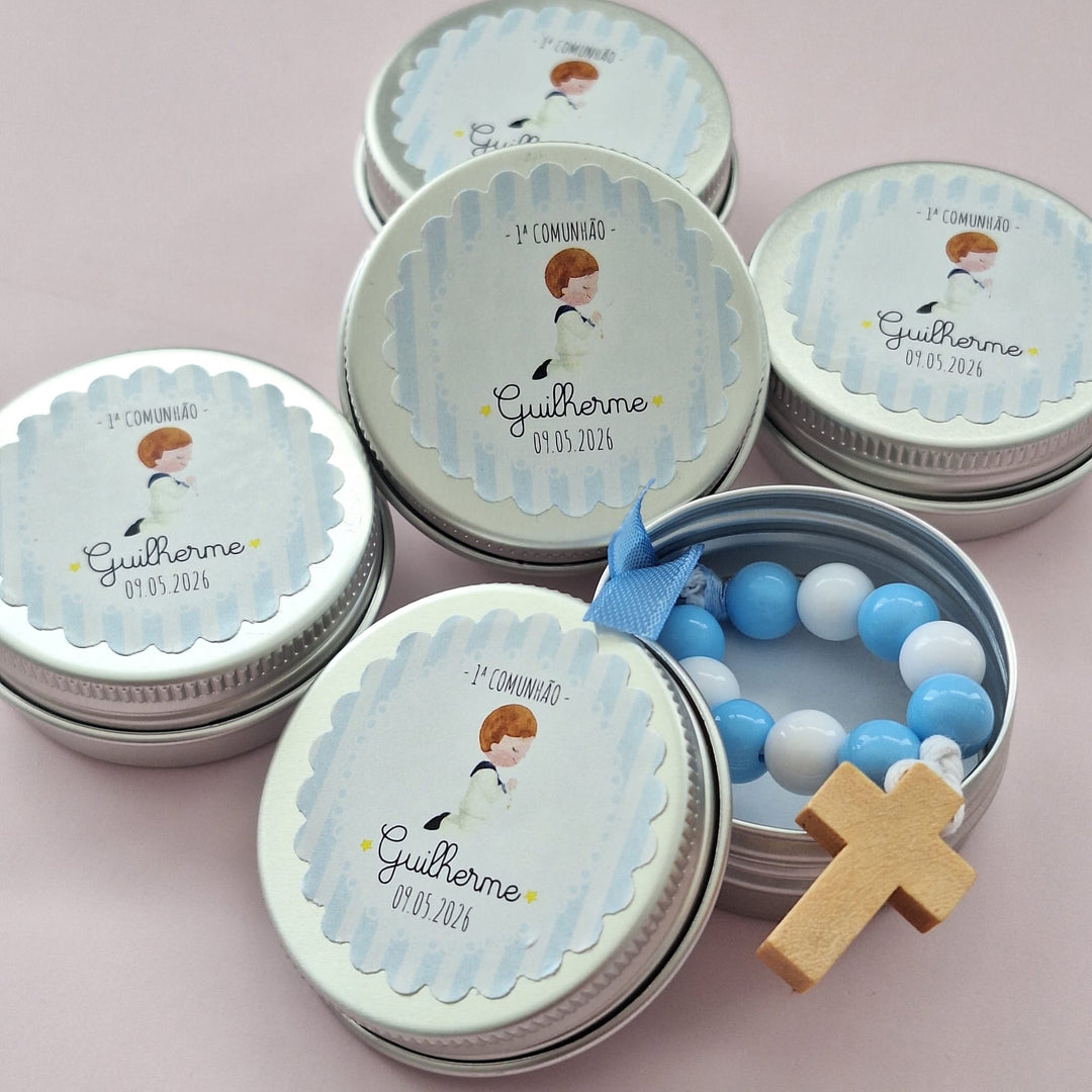 Mini Terço Dezena em Latinha com Nome - Lembrança Primeira Comunhão - Cutxi Cutxi - Presentes Personalizados