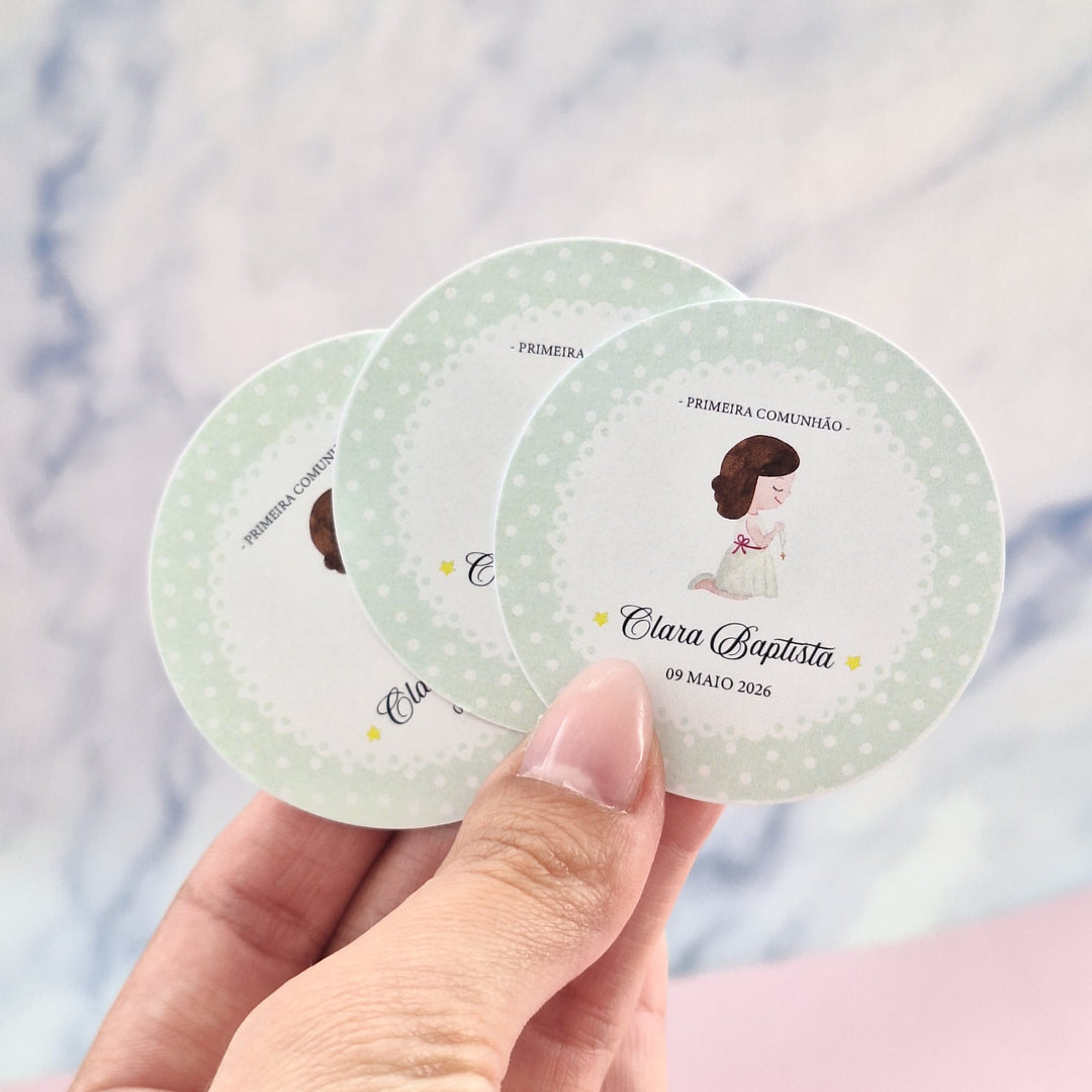 Pack de 12 Etiquetas para Decoração de Mesa (Batizado, Primeira Comunhão, Aniversário) - Cutxi Cutxi - Presentes Personalizados
