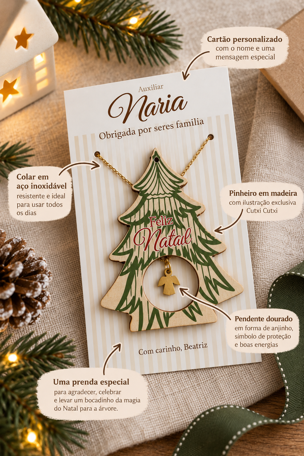 Presente de Natal Personalizado | Colar + Pinheirinho para a Árvore