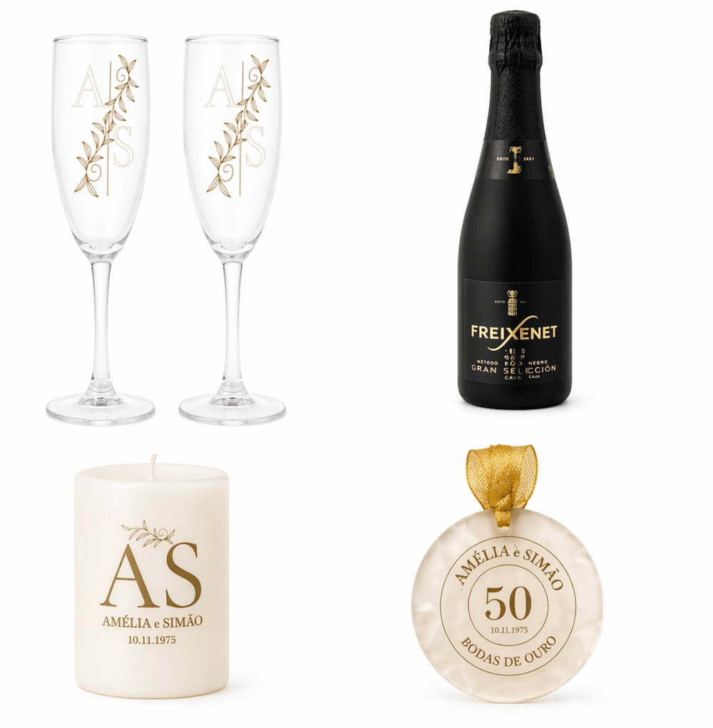 Presente Personalizado para Bodas de Casamento | Caixa com Copos, Espumante, Vela e Medalha - Cutxi Cutxi - Presentes Personalizados