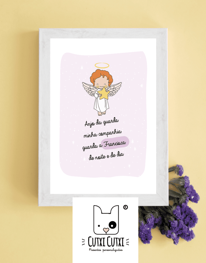 Quadro Anjo da Guarda (Quadro com Moldura Branca e Oração do Anjo da Guarda.) - Cutxi Cutxi - Presentes Personalizados