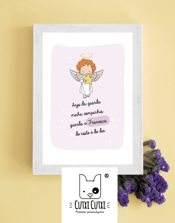 Quadro Anjo da Guarda (Quadro com Moldura Branca e Oração do Anjo da Guarda.) - Cutxi Cutxi - Presentes Personalizados