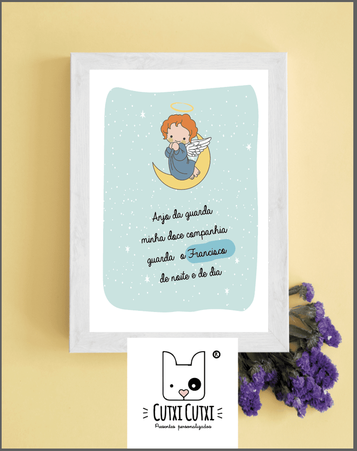 Quadro Anjo da Guarda (Quadro com Moldura Branca e Oração do Anjo da Guarda.) - Cutxi Cutxi - Presentes Personalizados