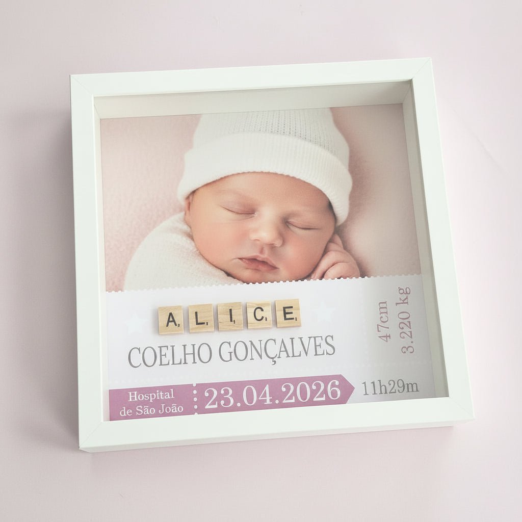 Quadro de nascimento com fotos SCRABLE - Cutxi Cutxi - Presentes Personalizados