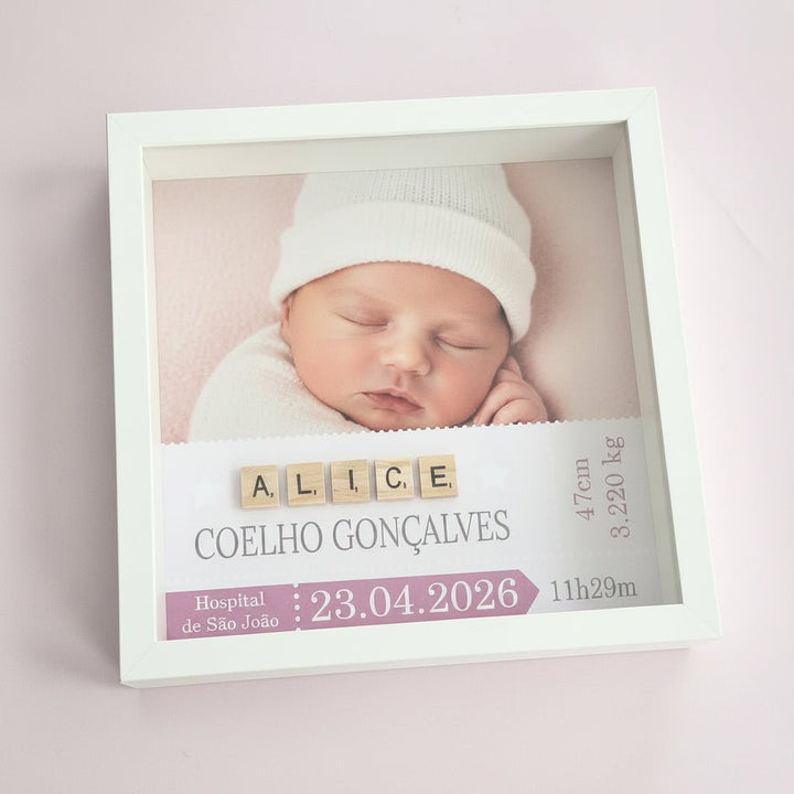 Quadro de nascimento com fotos SCRABLE - Cutxi Cutxi - Presentes Personalizados