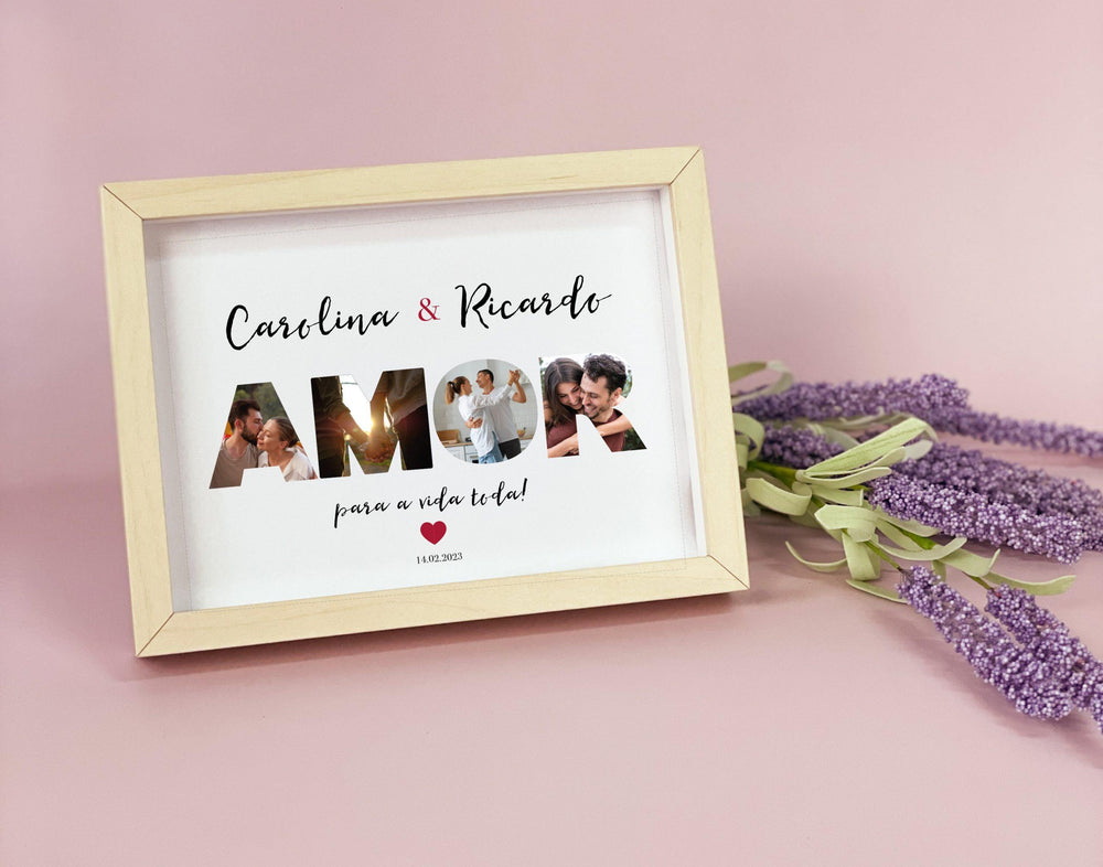 quadro dia dos namorados personalizado com fotografia e nomes amor para a vida toda