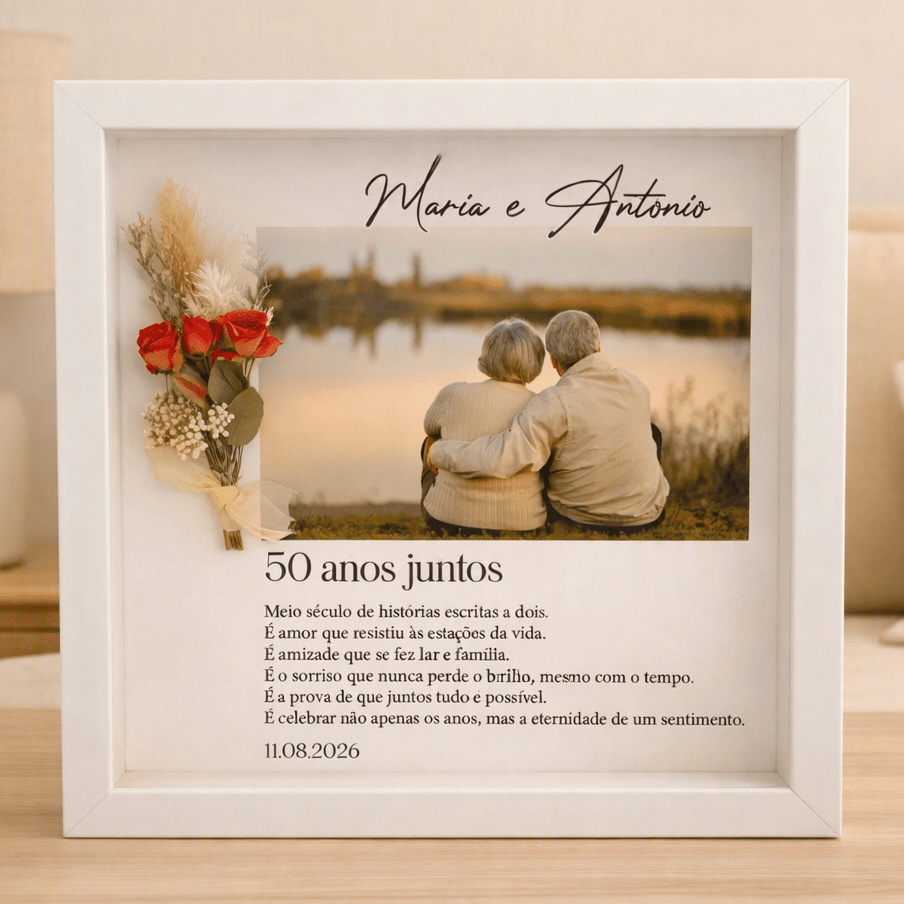 Quadro Moldura Bodas de Ouro – Homenagem a 50 Anos de Amor - Cutxi Cutxi - Presentes Personalizados