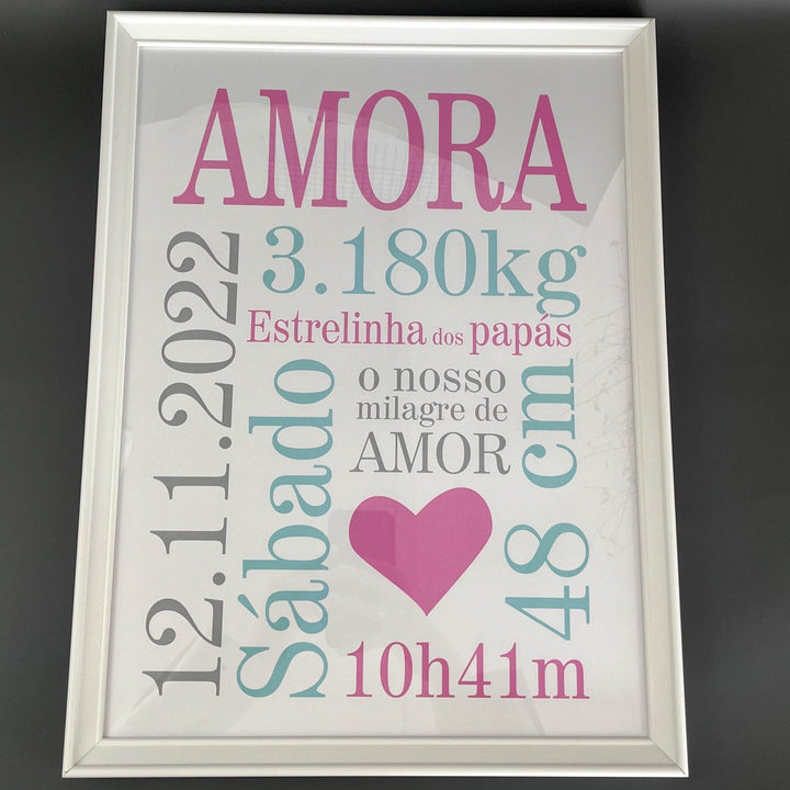 Quadro Nascimento NOME com dados do bebé - Cutxi Cutxi - Presentes Personalizados