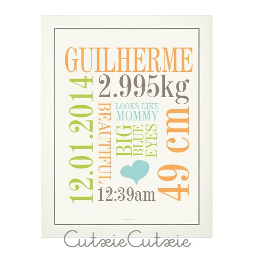 Quadro Nascimento NOME com dados do bebé - Cutxi Cutxi - Presentes Personalizados