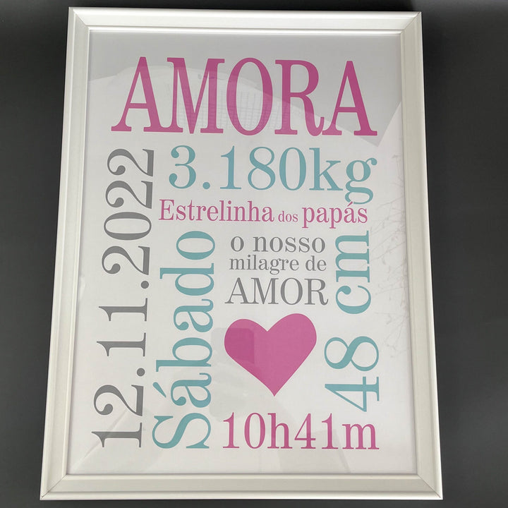 Quadro Nascimento NOME com dados do bebé