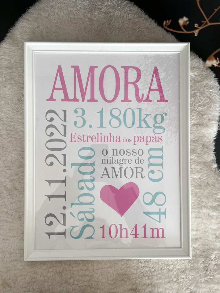 Quadro Nascimento NOME com dados do bebé