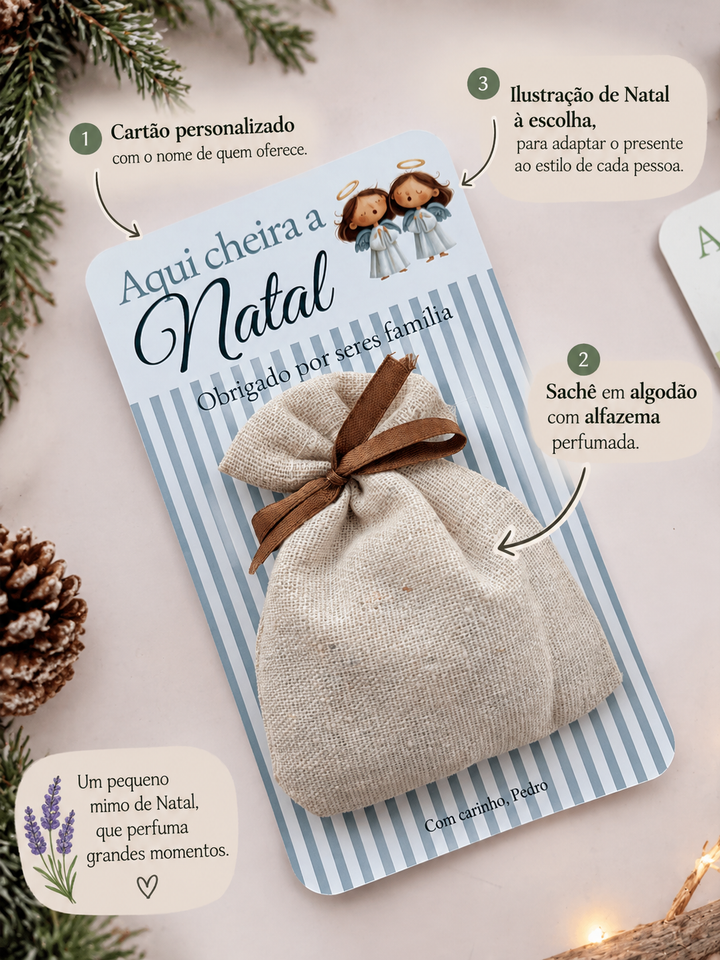 Sachê de alfazema de Natal com indicação do cartão personalizado, alfazema e ilustração à escolha