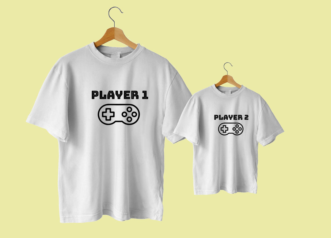 tshirt pai e filho gamer jogador 1 e jogador 2