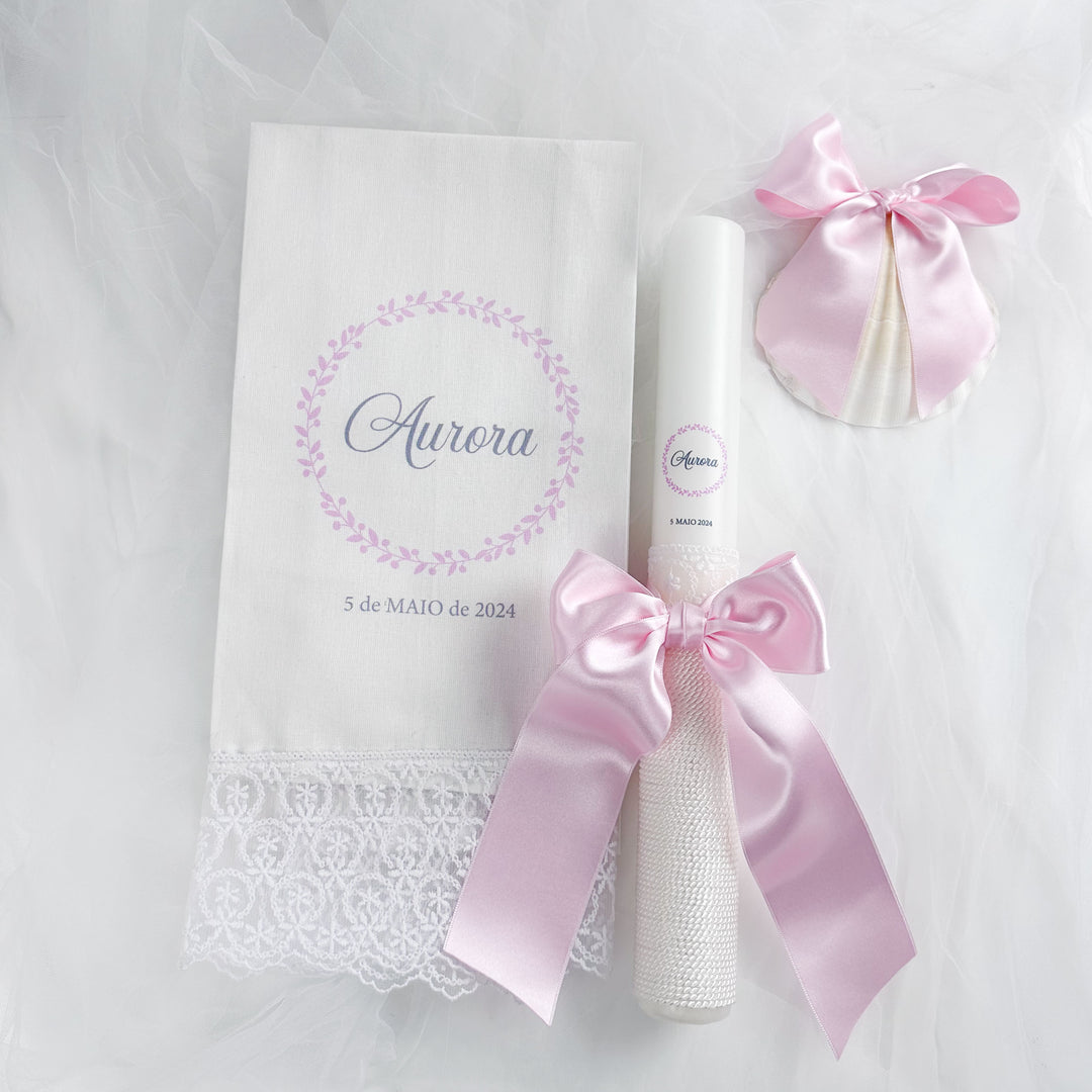 Conjunto Batizado Classic Nature com Vela Concha Toalha - Cetim
