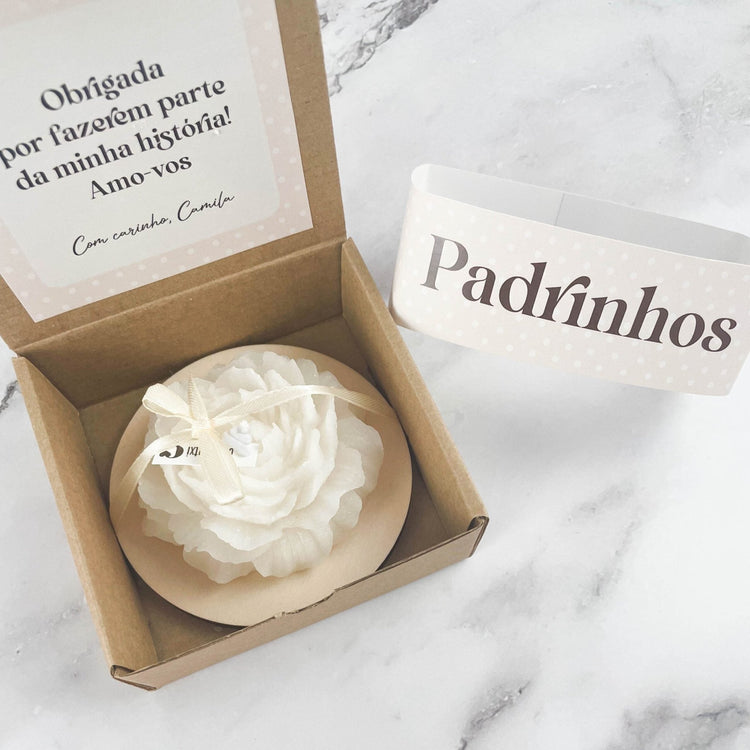 Vela Peônia com mensagem em caixa | Presente para Padrinhos - Cutxi Cutxi - Presentes Personalizados
