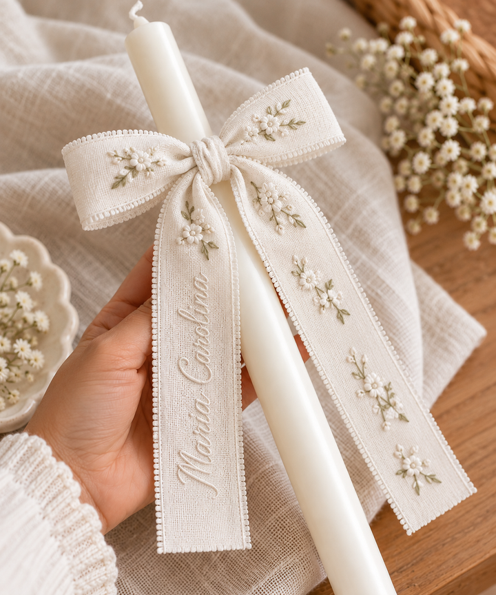 Vela de batismo com laço branco, pequenas flores claras bordadas e nome personalizado
