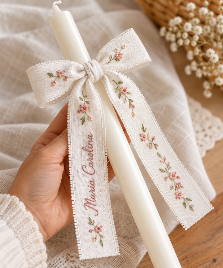 Vela de batismo com laço branco, ramos de flores bordadas e nome personalizado